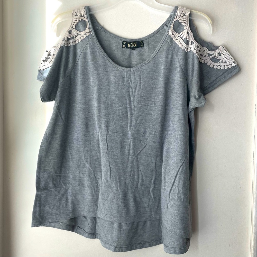 ‼️Coming Soon‼️ Grey Shirt with White Crochet Lace Cutout